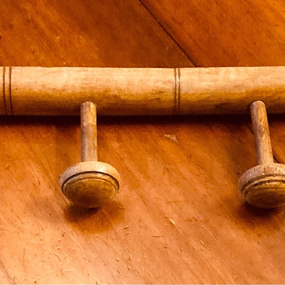 Antique French elm wood large,faux bamboo hat rack in tan with black accents